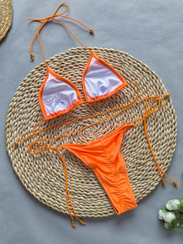 Solid Color Two-Piece Bikini Set – Sexy Knit Nylon with Moderate Stretch