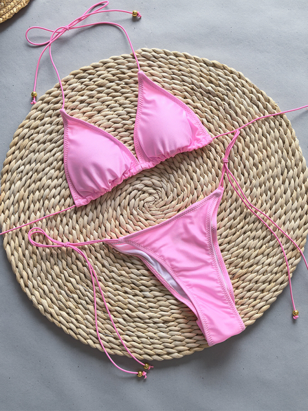 Solid Color Two-Piece Bikini Set – Sexy Knit Nylon with Moderate Stretch