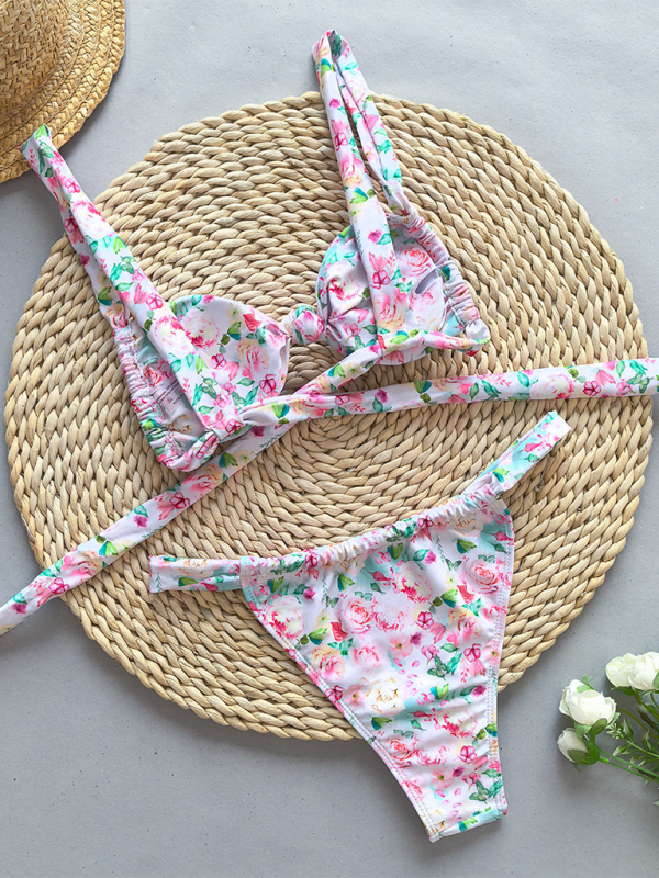 Strappy Floral Bikini Set – Deep V Neck & Moderate Stretch Fit