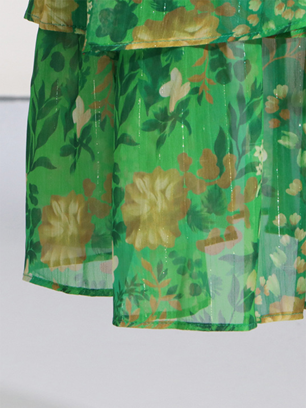 Romantic Tube Top Maxi Dress with Elastic Waist & Ruffled Hem – Green Floral