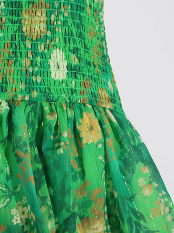 Romantic Tube Top Maxi Dress with Elastic Waist & Ruffled Hem – Green Floral