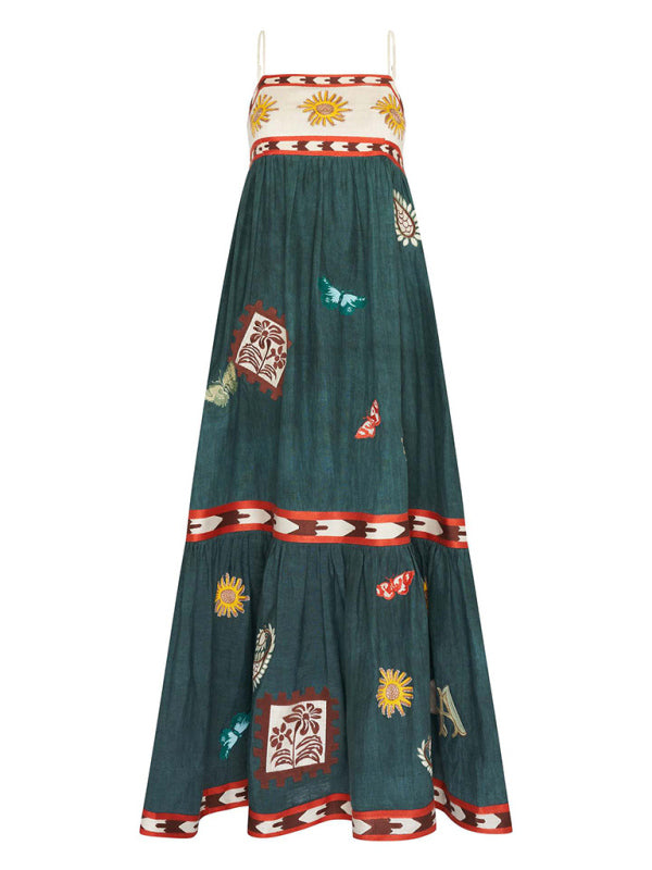 Printed Swing Vacation Dress – Adjustable Spaghetti Straps, Lightweight Woven Fabric