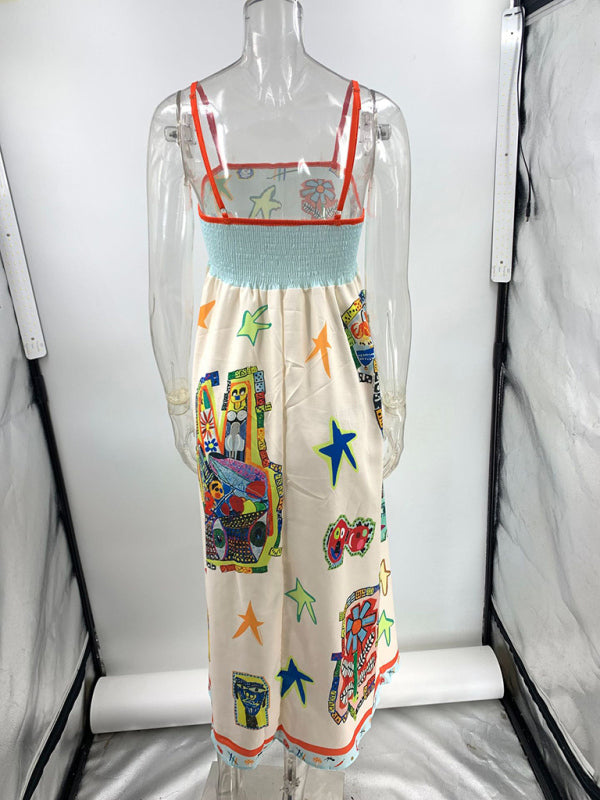 Graffiti Print Swing Dress – Linen Blend, Spaghetti Straps, Summer Ready