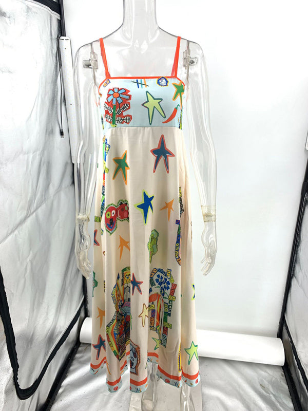 Graffiti Print Swing Dress – Linen Blend, Spaghetti Straps, Summer Ready