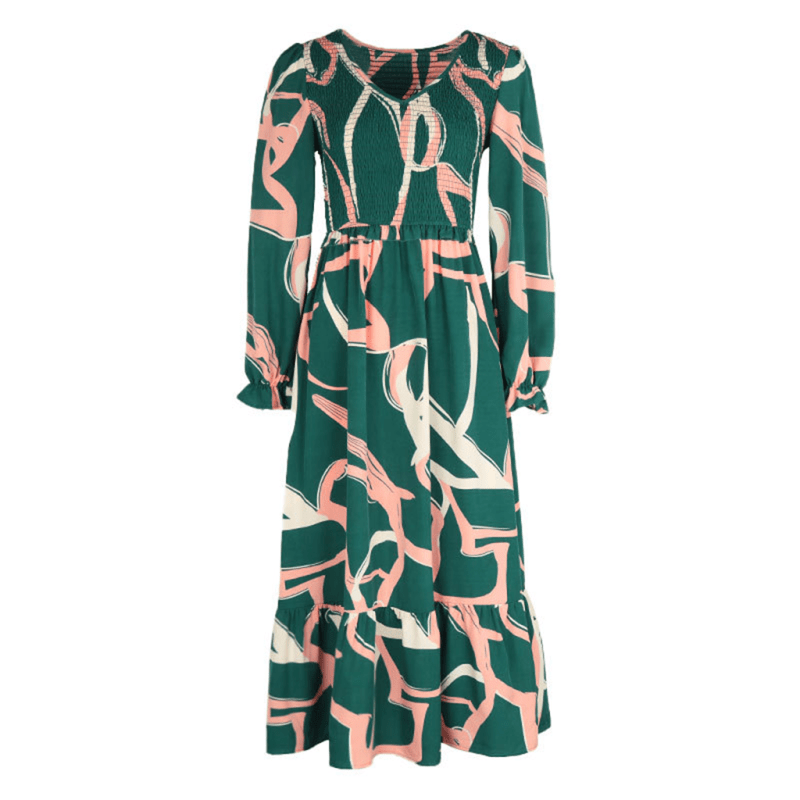 فستان ميدي بأكمام طويلة مطبوع بأناقة – ياقة على شكل حرف V، كراكر، كاكي، ابتسامة ماريا - كل شيء للنساء 34650481