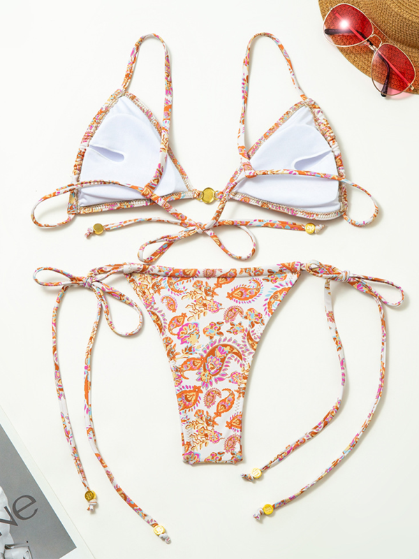 Printed Strappy Backless Bikini Set – Deep V Neck & Multicolor Design
