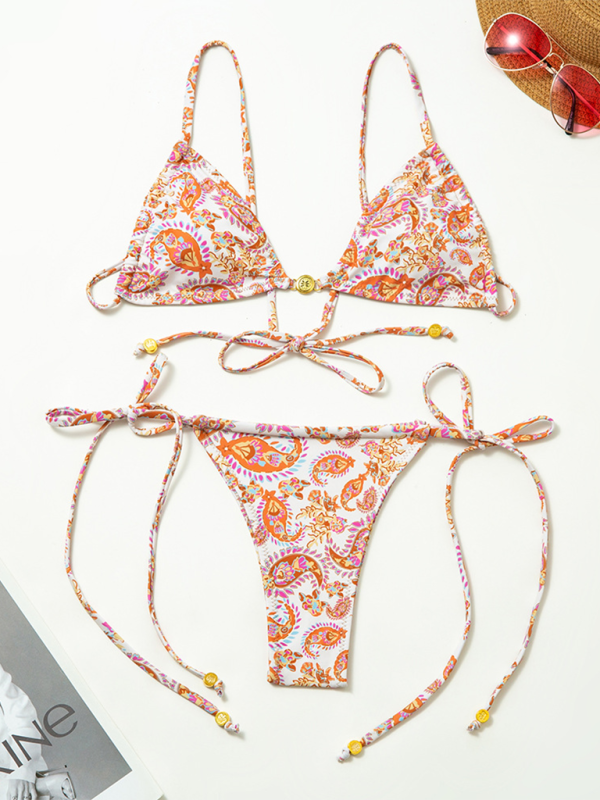 Printed Strappy Backless Bikini Set – Deep V Neck & Multicolor Design