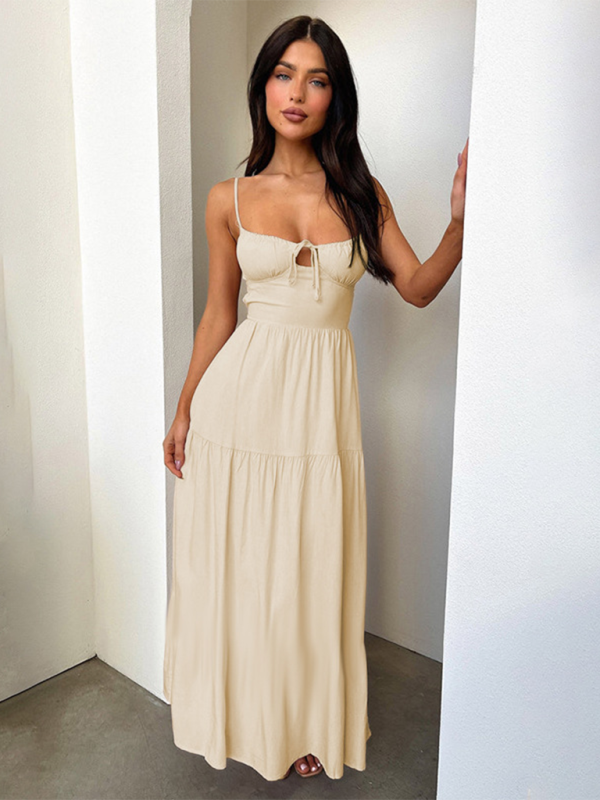 Women's Halter Back A-Line Midi Dress – Tie Waist, Summer Holiday Style