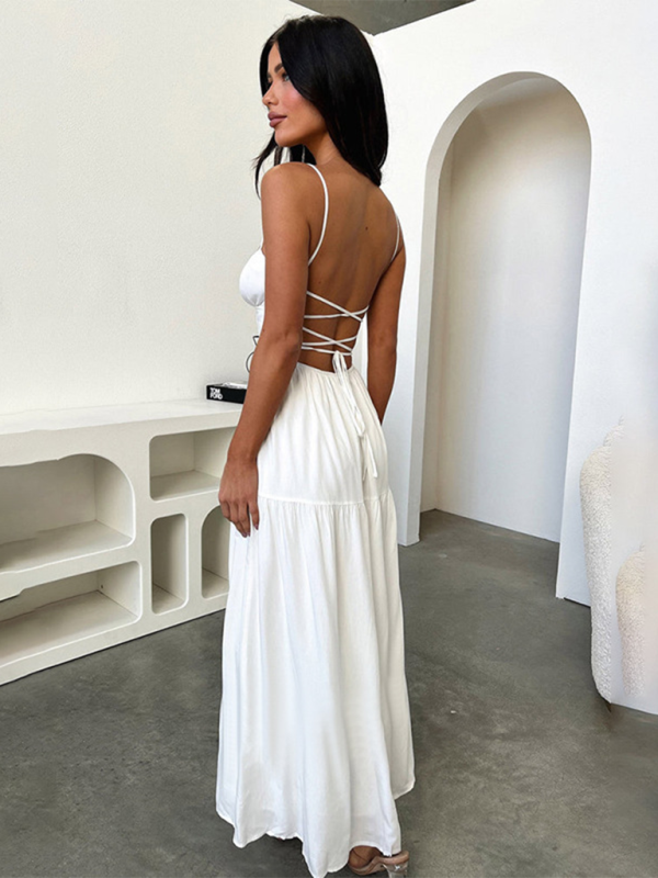 Women's Halter Back A-Line Midi Dress – Tie Waist, Summer Holiday Style