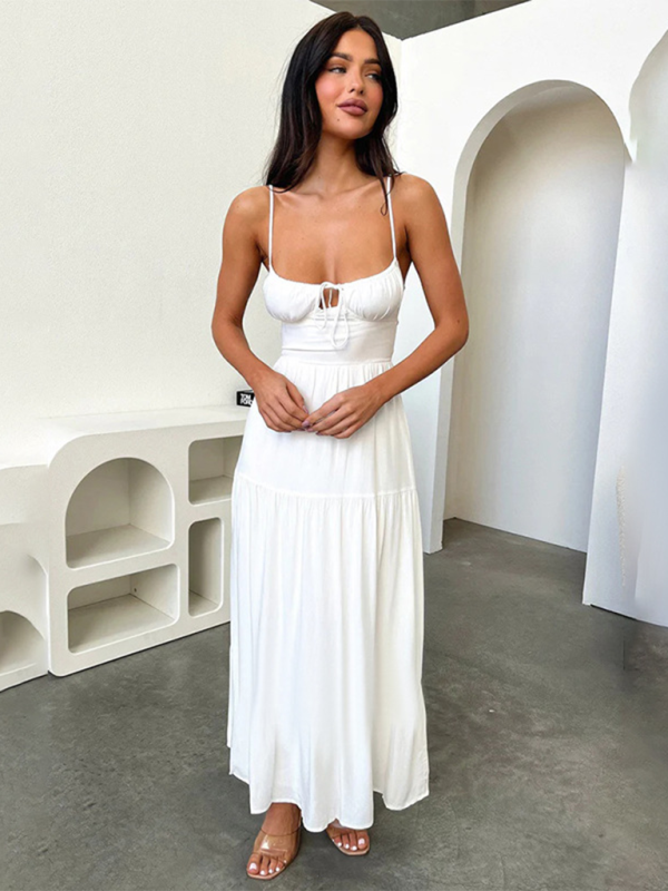 Women's Halter Back A-Line Midi Dress – Tie Waist, Summer Holiday Style