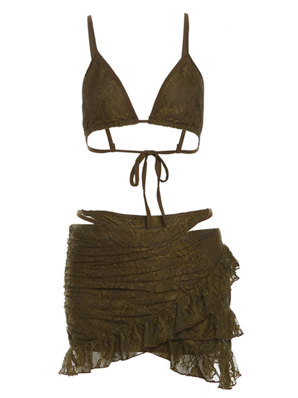 Lace Three-Piece Skirt Set – Deep V Top, Matching Panties & Mini Skirt