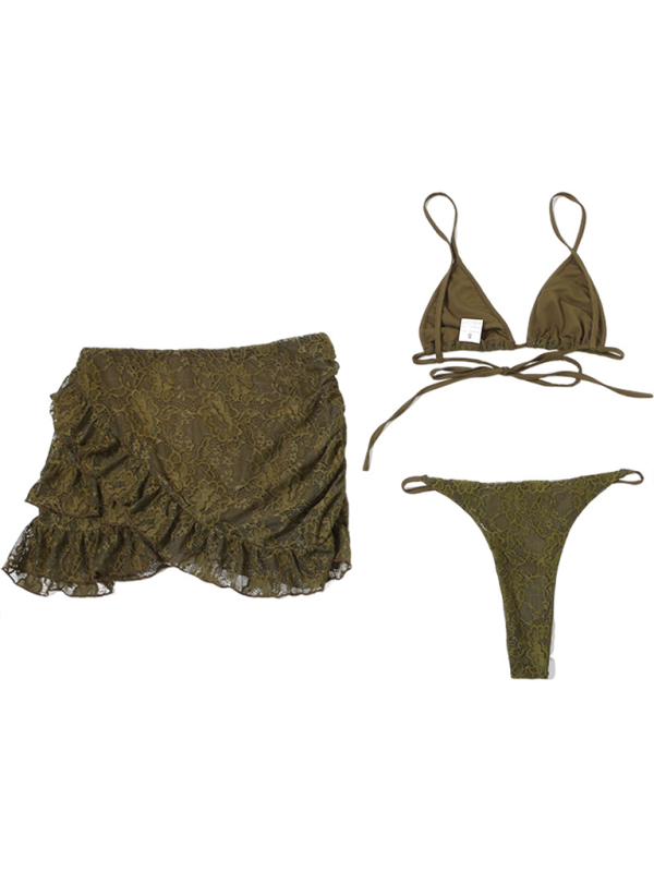 Lace Three-Piece Skirt Set – Deep V Top, Matching Panties & Mini Skirt