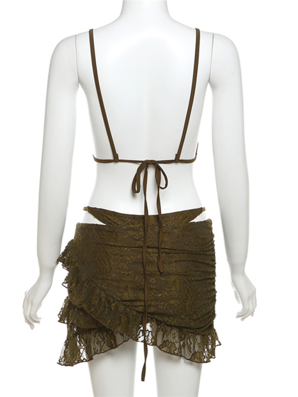 Lace Three-Piece Skirt Set – Deep V Top, Matching Panties & Mini Skirt