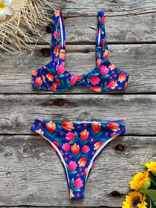 Printed Low-Waist Bikini Set – Deep V Top, Moderate Stretch, Sexy Fit