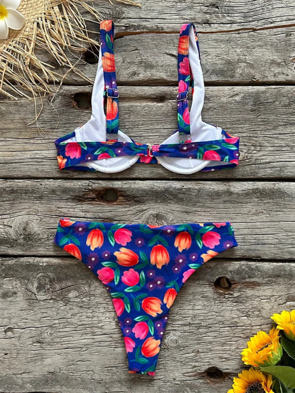 Printed Low-Waist Bikini Set – Deep V Top, Moderate Stretch, Sexy Fit
