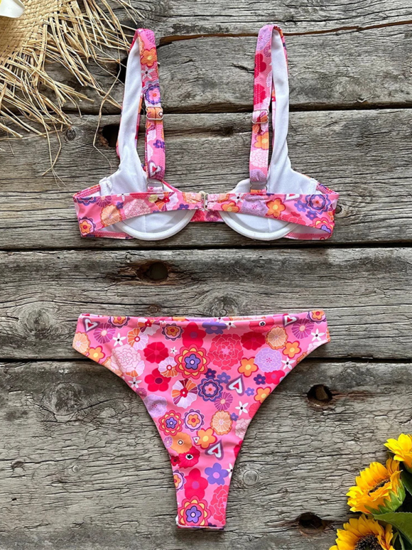 Printed Low-Waist Bikini Set – Deep V Top, Moderate Stretch, Sexy Fit