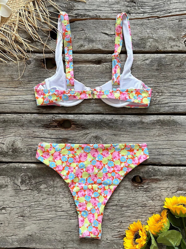 Printed Low-Waist Bikini Set – Deep V Top, Moderate Stretch, Sexy Fit