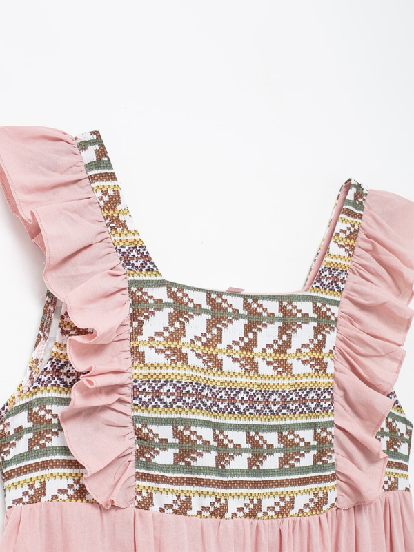 Geometric Patchwork Mid-Length Dress – Pink, Sleeveless, Spring-Summer Style