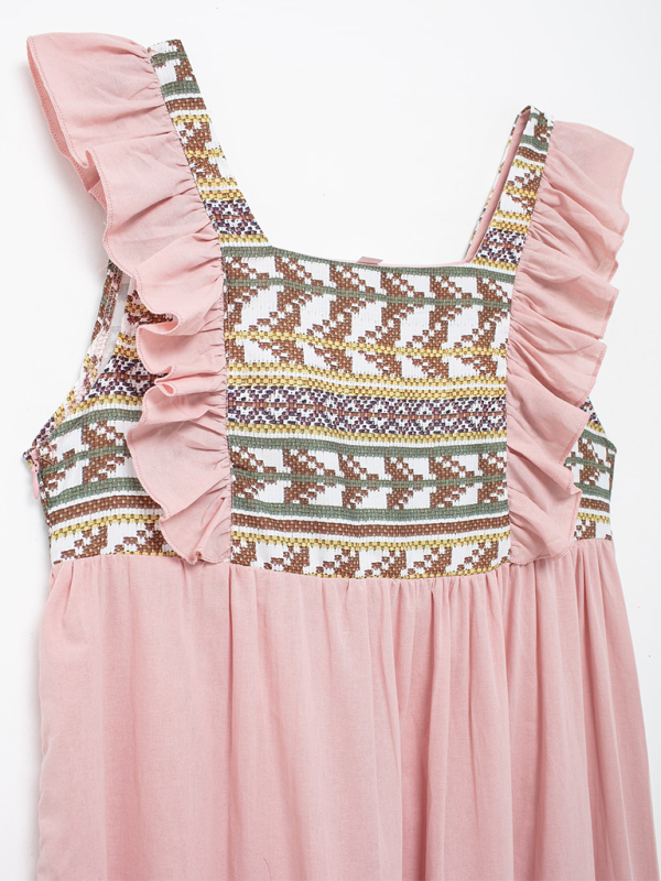 Geometric Patchwork Mid-Length Dress – Pink, Sleeveless, Spring-Summer Style
