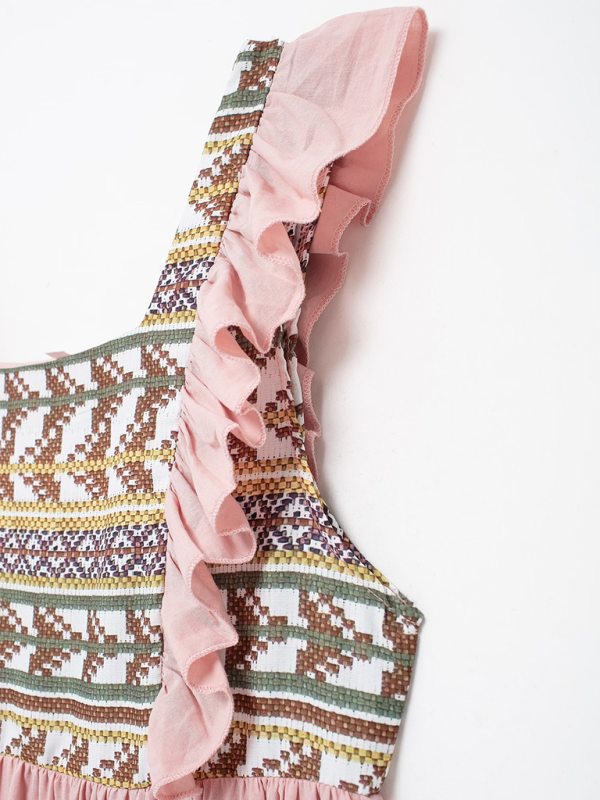 Geometric Patchwork Mid-Length Dress – Pink, Sleeveless, Spring-Summer Style