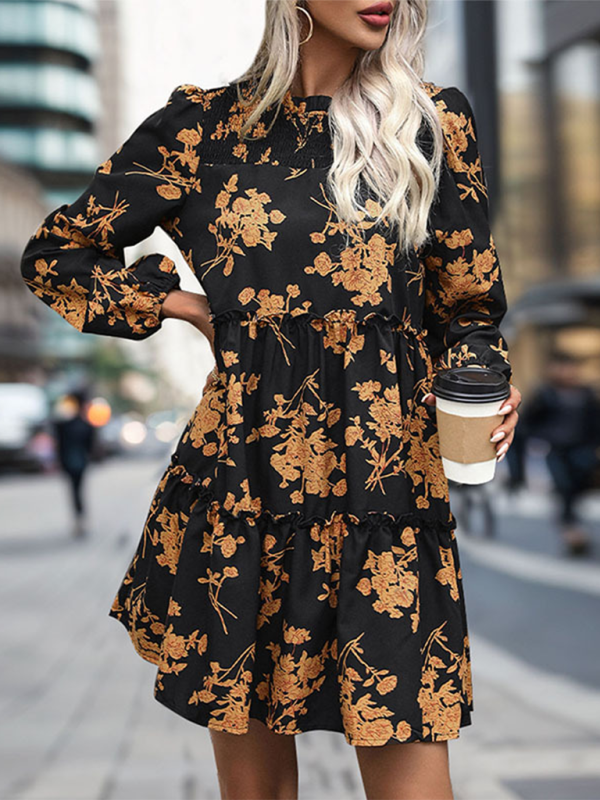 Retro Long Sleeve Midi Dress – Vintage Print, Elegant A-Line Fit for Office & Daywear