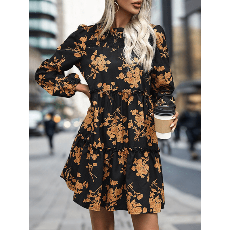 فستان ميدي بأكمام طويلة على الطراز القديم – طبعة عتيقة أنيقة بقصة على شكل حرف أ مناسبة للعمل والملابس اليومية ابتسامة ماريا - كل شيء للنساء 34648179