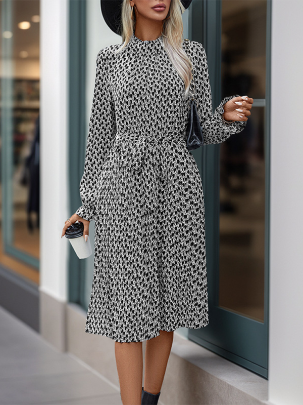 Geometric Print Lace-Up Midi Dress – Woven Polyester, Autumn-Winter Ready