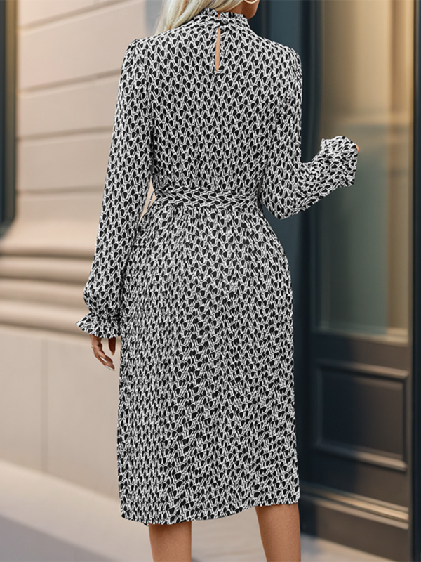 Geometric Print Lace-Up Midi Dress – Woven Polyester, Autumn-Winter Ready