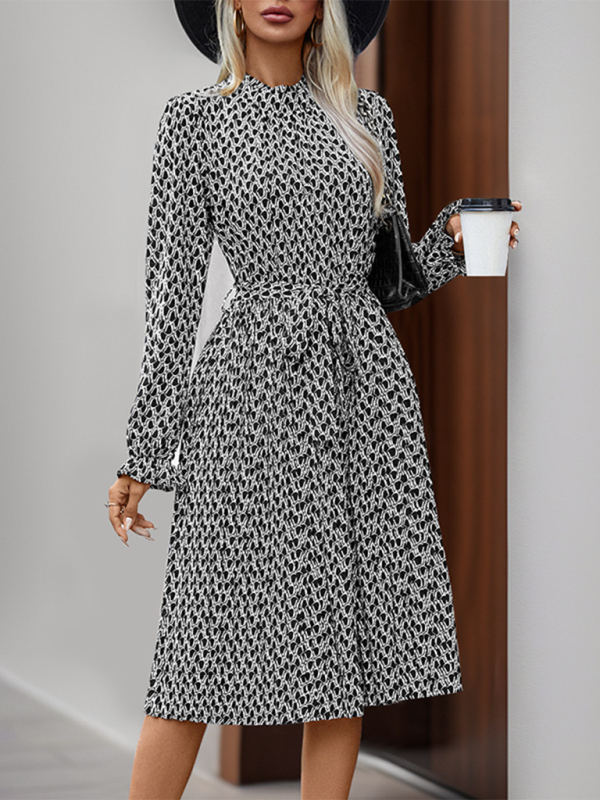 Geometric Print Lace-Up Midi Dress – Woven Polyester, Autumn-Winter Ready