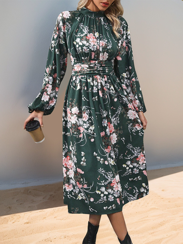 Retro Print Elegant Long-Sleeve Midi Dress – High Waist & Stand Collar