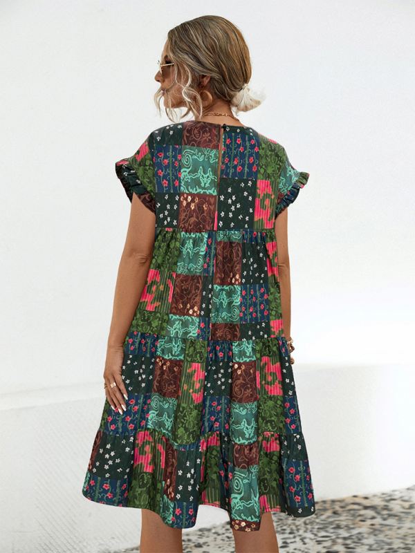 Robe midi imprimée trapèze – col rond, coupe ample, style printanier