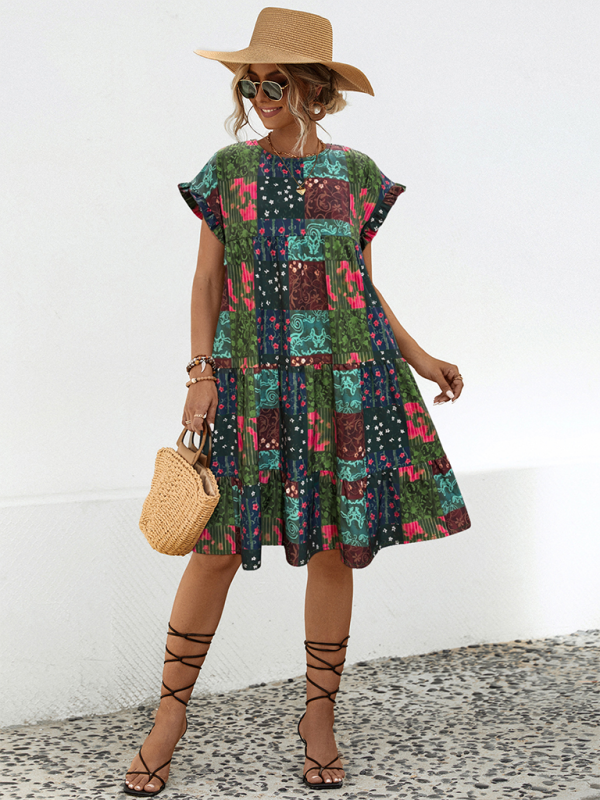 Robe midi imprimée trapèze – col rond, coupe ample, style printanier