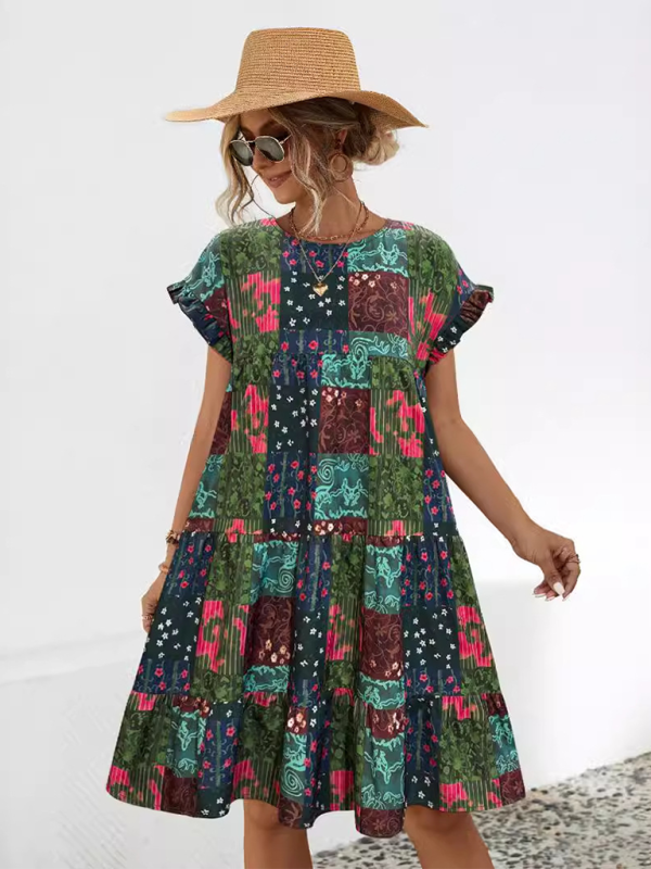 Robe midi imprimée trapèze – col rond, coupe ample, style printanier