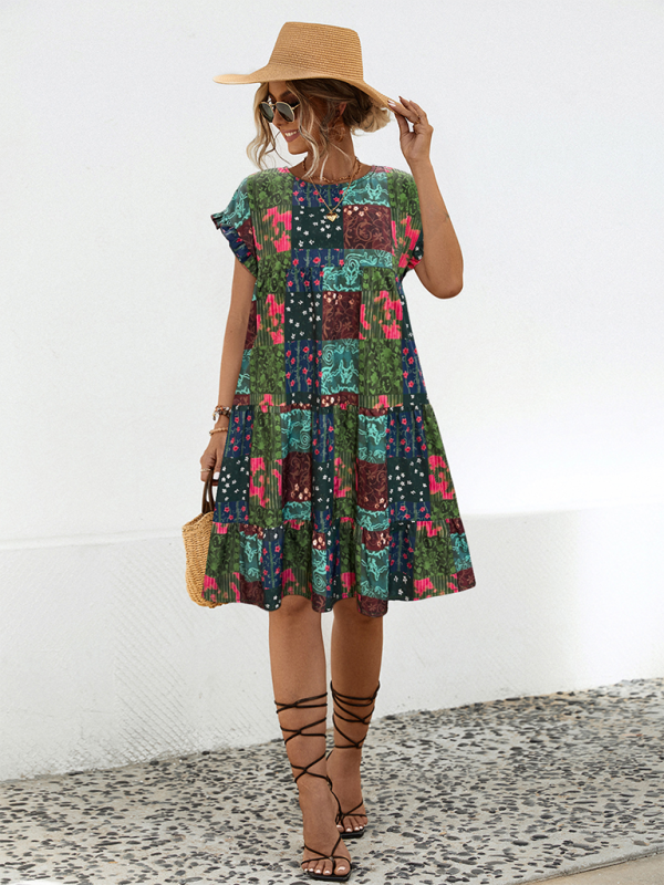 Robe midi imprimée trapèze – col rond, coupe ample, style printanier