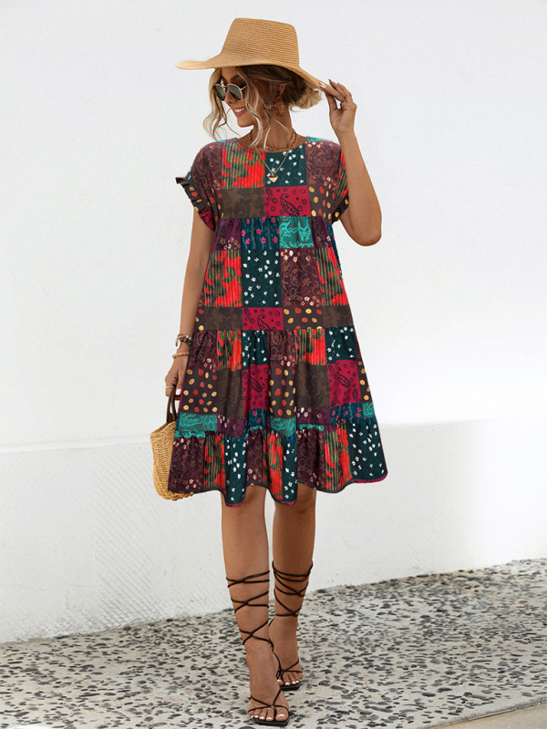 Robe midi imprimée trapèze – col rond, coupe ample, style printanier