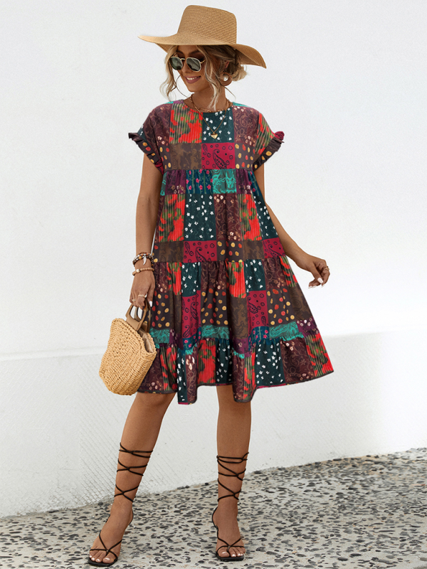 Robe midi imprimée trapèze – col rond, coupe ample, style printanier