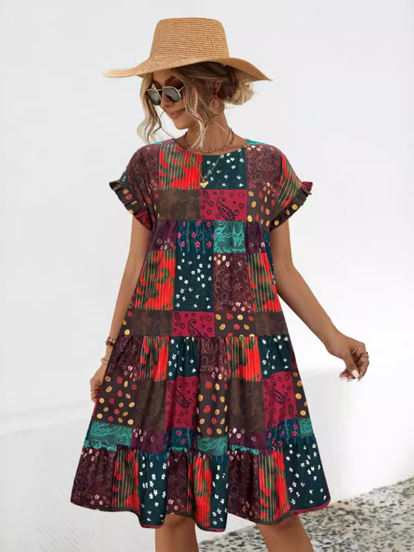 Robe midi imprimée trapèze – col rond, coupe ample, style printanier