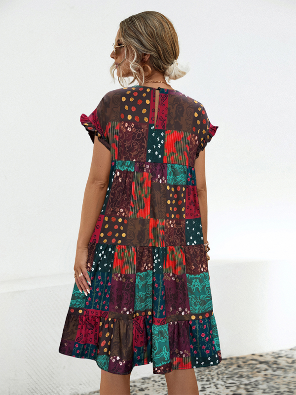 Robe midi imprimée trapèze – col rond, coupe ample, style printanier
