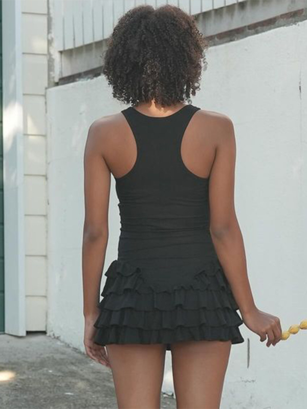 Ruffle Sleeveless Mini Dress – Round Neck, Knit Fabric, Spring-Summer Style