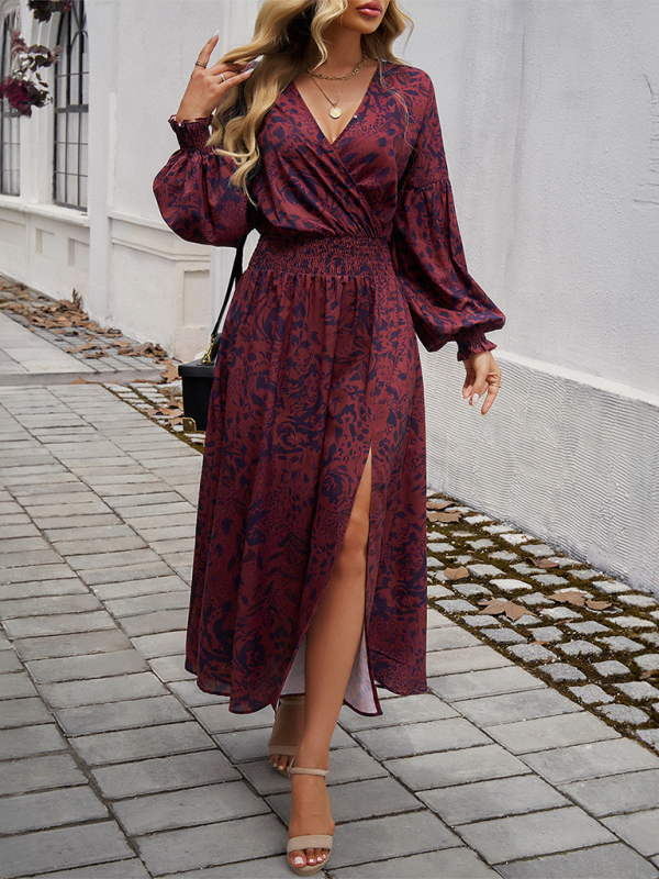 Elegant V-Neck High-Waisted Printed Midi Dress – Autumn-Winter Style