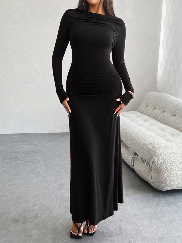 One-Shoulder Solid Color Midi Knit Dress – Sleek Fit for Autumn Elegance