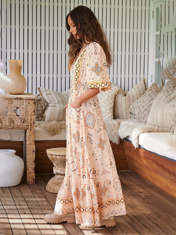 Bohemian Print V-Neck Button-Down Maxi Dress – Lightweight & Vacation Ready