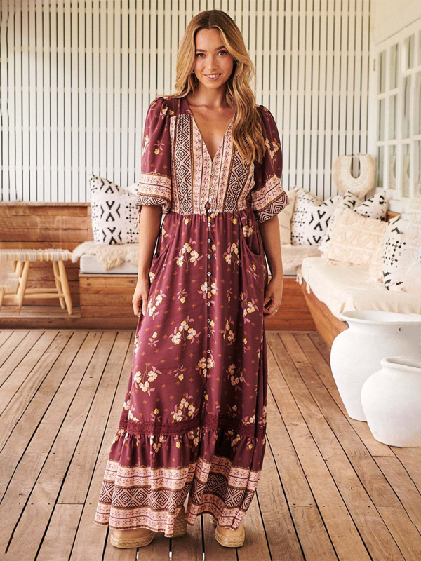 Bohemian Print V-Neck Button-Down Maxi Dress – Lightweight & Vacation Ready