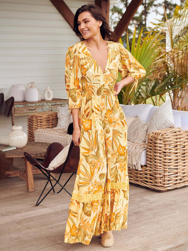 Bohemian Print V-Neck Button-Down Maxi Dress – Lightweight & Vacation Ready