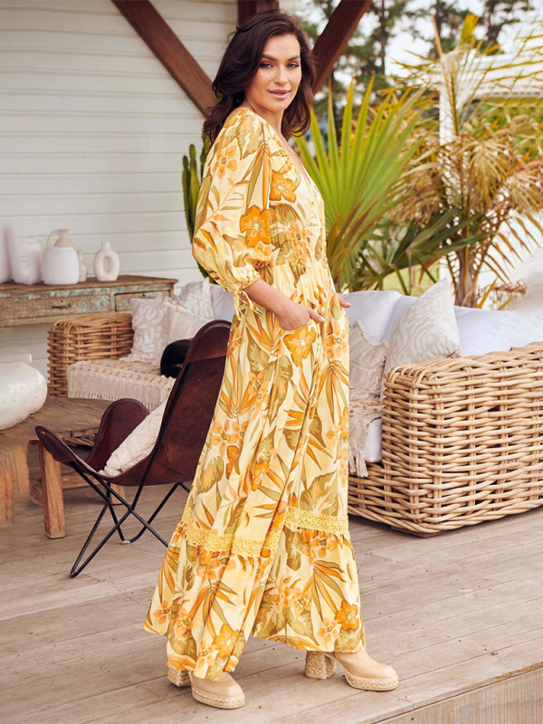 Bohemian Print V-Neck Button-Down Maxi Dress – Lightweight & Vacation Ready
