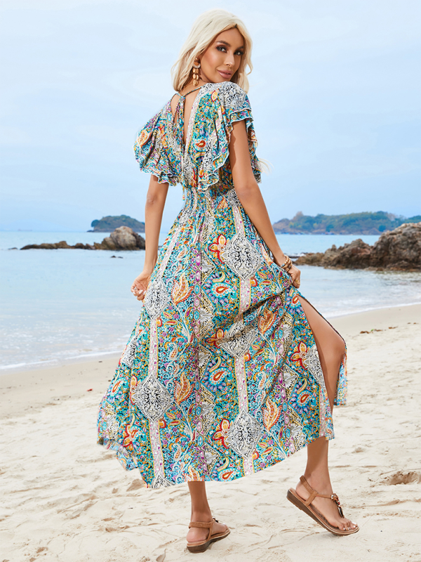V-Neck Ruffle Sleeve Slit Maxi Dress – Open Back, Rayon Print