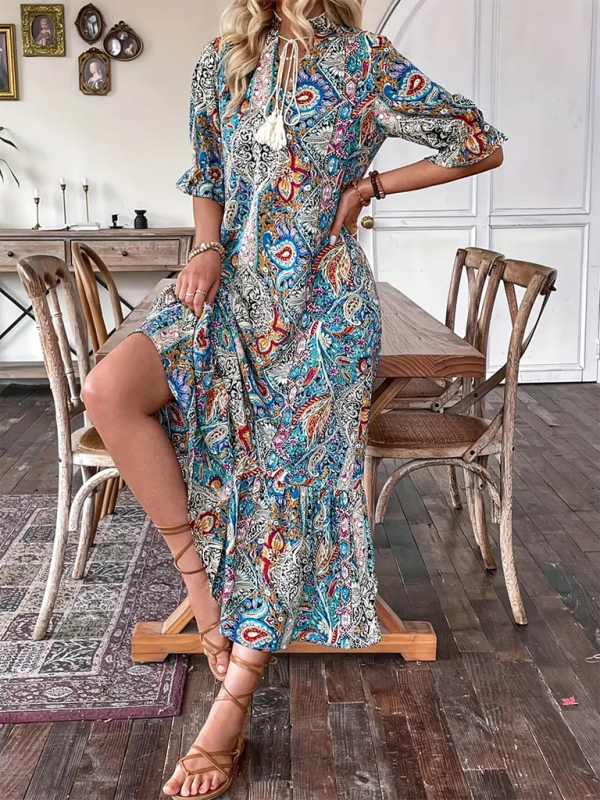 Boho Printed Ruffle Maxi Dress – Lace-Up V-Neck & Elbow Sleeves