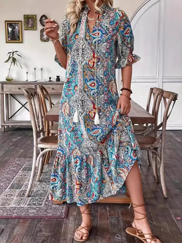 Boho Printed Ruffle Maxi Dress – Lace-Up V-Neck & Elbow Sleeves
