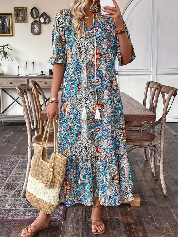 Boho Printed Ruffle Maxi Dress – Lace-Up V-Neck & Elbow Sleeves