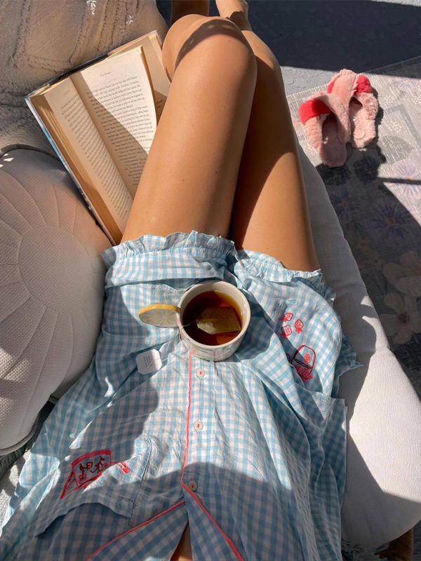 Plaid Cotton-Blend Pajama Set – Teapot Embroidery & Lapel Collar - Smiling Maria - Everything For Women